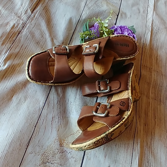 Born Shoes - Born Floral Cork Wedge Leather Buckle Sandal